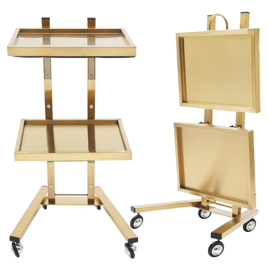 2 Tier Metal Rolling Cart Stainless Steel Salon Tray with Wheels Foldable Utility Carts Folding Salon Tray Trolley Rolling Tray Salon Trolley for Tattoo (Golden)