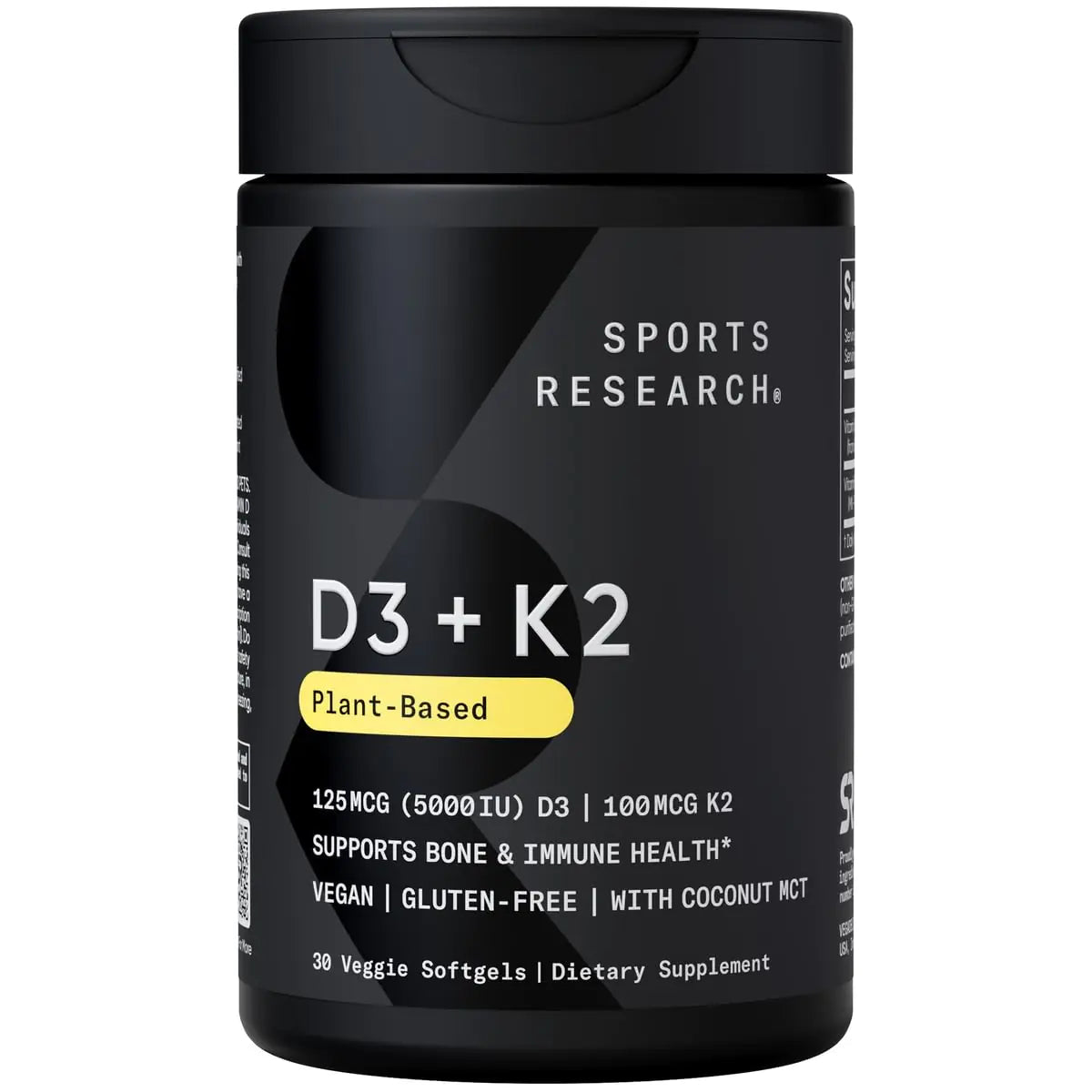 Sports Research Vitamin D3 K2 with Coconut Oil | Plant Based Vitamin K2 MK7 + Vegan D3 5000iu for Bone & Immune Health | Vegan Certified Soy & Gluten Free - 30 Count Softgels