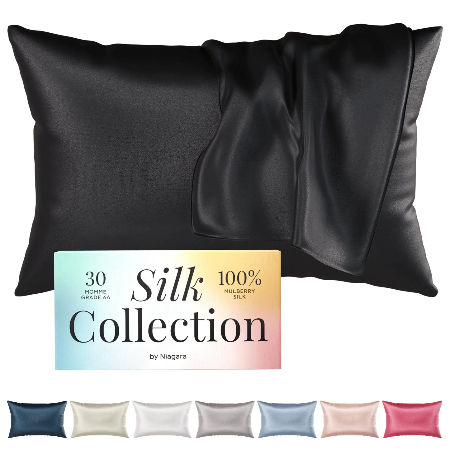 Niagara 100% Mulberry Silk Pillowcase - 30 Momme Silk Pillow case for Hair and Skin - Grade 6A Silk Pillow Cases with Zipper - Soft & Cooling Black Silk Pillowcase Standard Size (20"x26")