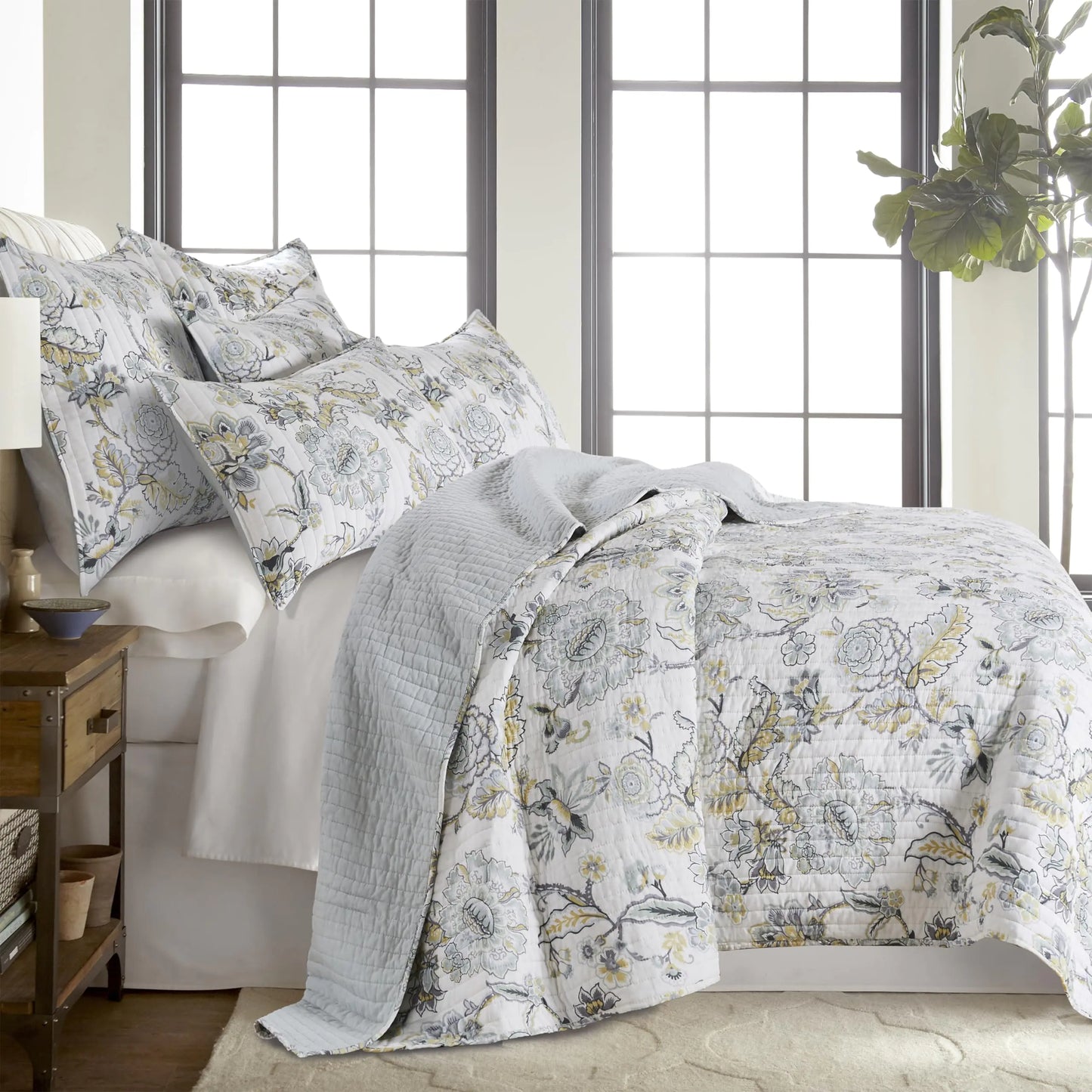 Levtex Home - Ophelia Spa Quilt Set - Twin Quilt and One Standard Sham - Floral - Spa Grey Cream Ochre - Quilt (68x86in.) and Sham (20x26in.) - Reversible - Rayon/Cotton