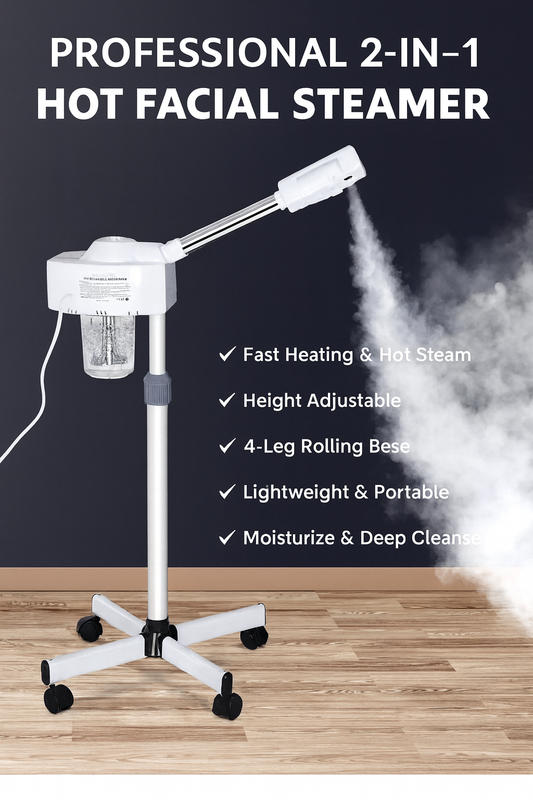 Professional 2-in-1 Facial Steamer with Hot Mist & High-Frequency – Deep Cleansing Skin Care Machine on Rolling Stand for Spa, Salon & Home Use – White
