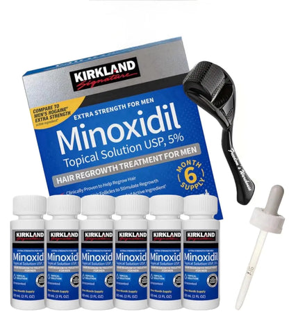 (6 Pack) Kirkland Minoxidil for Men Hair Regrowth Treatment Liquid Extra Strength 5% Topical Solution 6 Months Supply - Dropper Applicator and Microneedle Roller Included - Minoxidil Kirkland