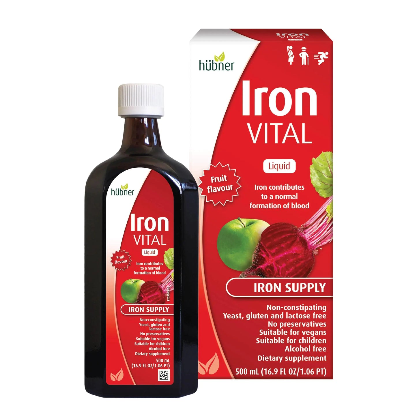 Hubner Hübner Iron Vital Liquid Iron Supply Plus Vitamin C Dietary Supplement for Adults and Kids Vegan and Gluten-Free Fruit Flavor 500 ml Bottle 50 Servings