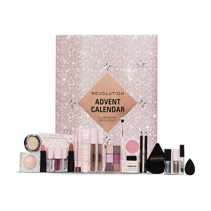 Revolution Beauty 24-Piece Holiday Advent Calendar – Makeup Gift Set with Lip Gloss, Nourishing Lip Masks, Brushes, Brow Gel & More – Vegan & Cruelty-Free
