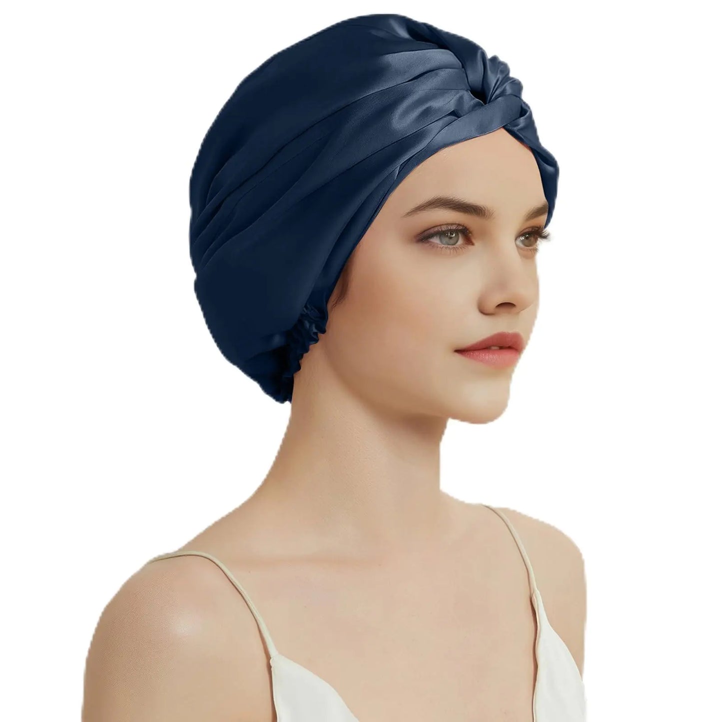 Silmer 100% Mulberry Silk Bonnet Silk Hair Wrap for Sleeping - Silk Sleep Cap 22 Momme on Both Sides Silk Night Bonnet Headwear with Elastic for Straight/Curly/Frizzy Hair Shower cap (Navy Blue)