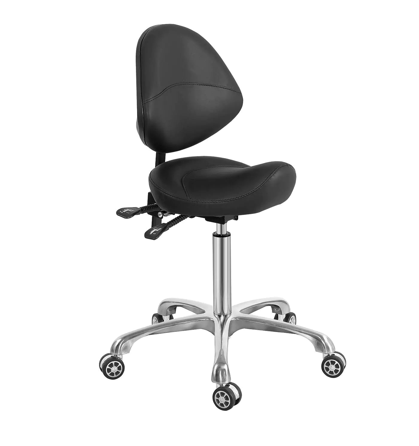 Ergonomic saddle stool with supportive backrest, 350 lbs capacity, hydraulic height adjustment, and silent rolling wheels — perfect for beauty salons, spas, dental clinics, massage studios, and home offices.