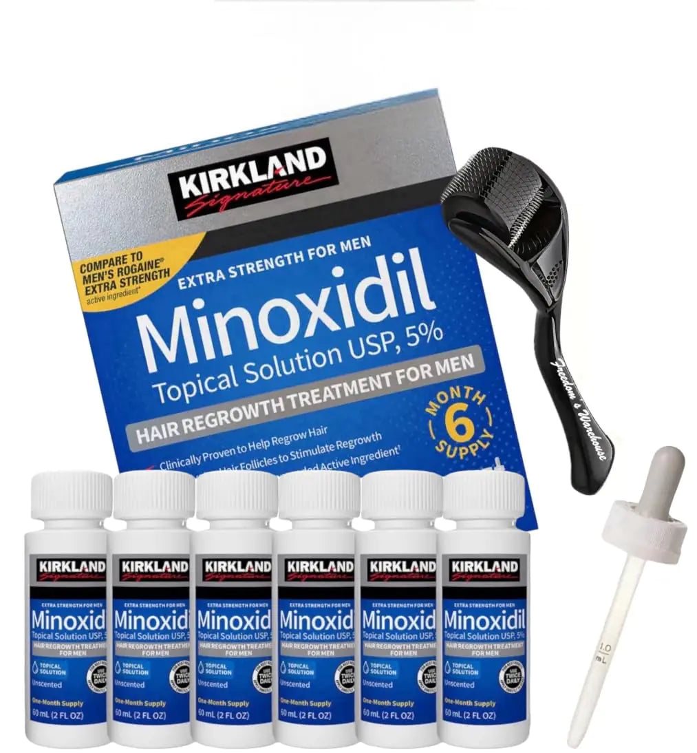 (6 Pack) Kirkland Minoxidil for Men Hair Regrowth Treatment Liquid Extra Strength 5% Topical Solution 6 Months Supply - Dropper Applicator and Microneedle Roller Included - Minoxidil Kirkland